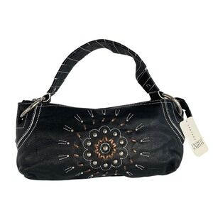 VTG Y2K Franco Sarto Western Embroidered Sundial Baguette Bag Black Leather NWT